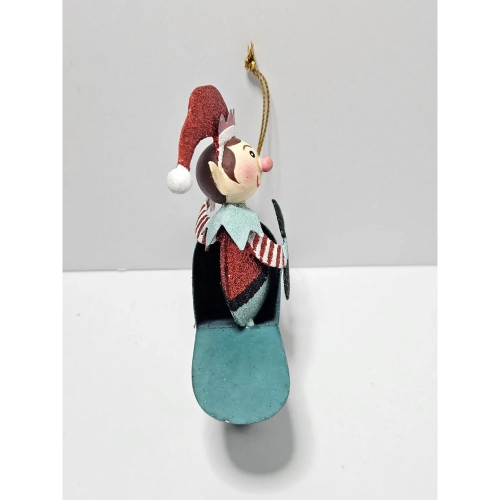 Pier 1 Imports Christmas Ornament Sparkly Elf In Mailbox Metal Tin Glitter Rare